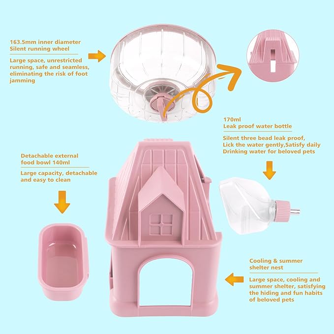 4 in 1 Silent Large Hamster Wheel Multifunctional Hamster Running Wheel Quite Running Spinner Wheel Accessories with Food Bowl Water Bottle for Hamsters Dwarf Gerbil (Pink)-Mewly Pet