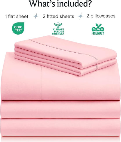 LuxClub 5 PC Sheet Set Bed Sheets Deep Pockets 16" Eco Friendly Wrinkle Free Cooling Machine Washable Hotel Bedding Silky Soft - Baby Pink Split King