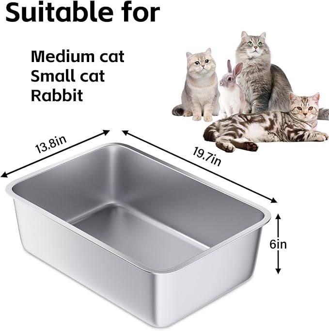 Stainless Steel Litter Box -Metal Litter Box for Big Cats,Large Stainless Steel Cat Box Easy to Clean, Cat LitterBox Pet Toilet-High Sided for Kitten,Kitty,Rabbits,Non Stick, No Smell-Mewly Pet