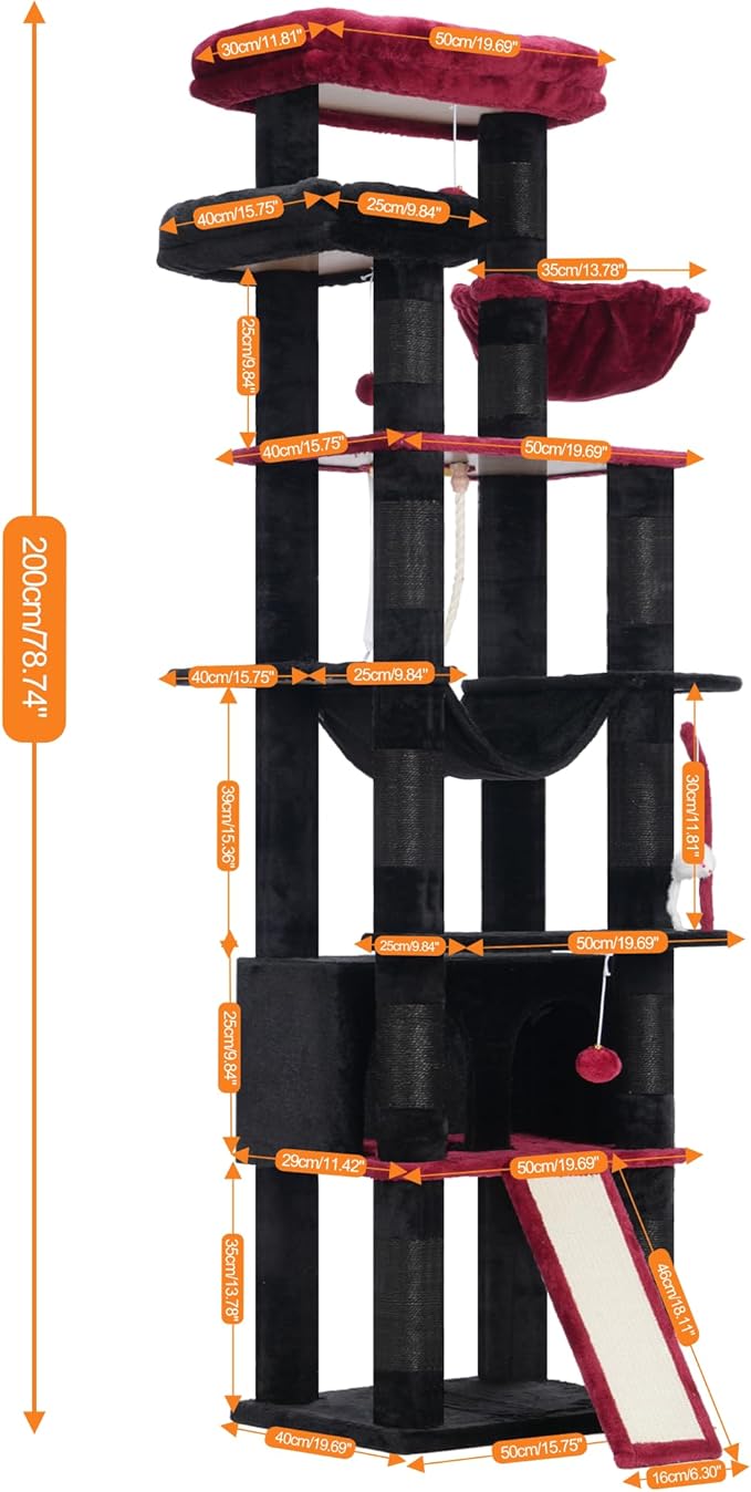 Heybly Tall Cat Tree, 78-inch Multi-Level Cat Tower for Indoor Cats, 2 Widened Plush Perches Cat Condo with Scratching Board and Big Caves, Black and Red HCT033BR-Mewly Pet