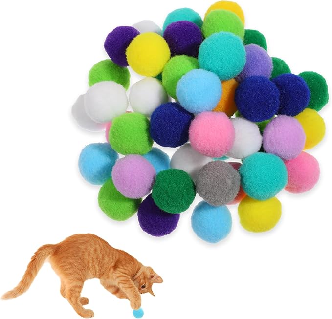 50 Picecs 1 Inch Cat Toys Balls Kitten Cat Pom Pom Balls Soft Cats Puff Ball Toys Rolling Interactive Fuzzy Cats Toy Ball Play Toy for Exercise, Creative Crafts Decorations Assorted Color-Mewly Pet