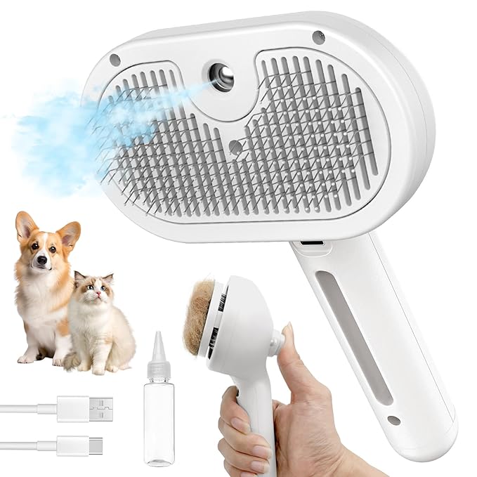 3 In 1 Self Cleaning Steamy Pet Brush - Anti-Static, Grooming Tool for Long and Short Hair Pets, Removes Loose Hair and Reduces Shedding, White-Mewly Pet