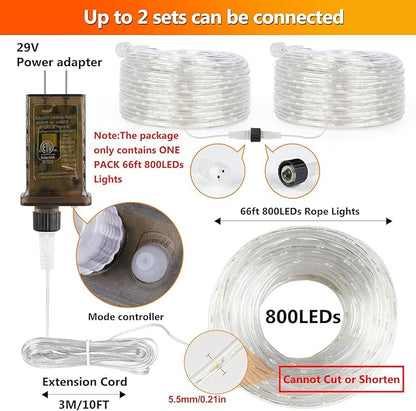 OMIKA Connectable 66FT 800 LED Rope Lights Outdoor, Warm White Rope Light Plug in, Outdoor String Light Waterproof Decorative Lighting for Deck Patio Yard Garden Pathway Camping Room Indoor Decor