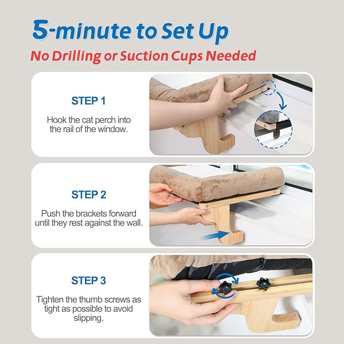 Cat Perch for Window Sill with Bolster - Orthopedic Hammock Design with Premium Hardwood & Robust Metal Frame - Cat Window Seat for Large Cats and Kittens - Natural Color Wood with Brown Bed-Mewly Pet