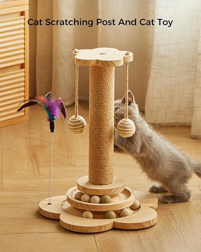 Cat Scratching Post, 4 in 1 Wooden Cat Scratcher Toy, 17.7" Tall Scratch Post with 2 Level Cat Track Balls, Interactive Feather Toy and 2 Sisal Hanging Balls for Indoor Kittens, Adult Cats-Mewly Pet