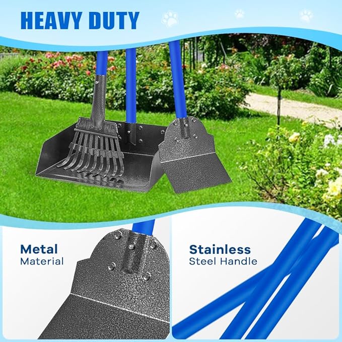 Larger Pooper Scooper Dog Pooper Scooper for Large Medium Small Dogs Heavy Duty Stainless Steel No Bending with Rake & Shovel & Extra Large Tray for Yard-Mewly Pet