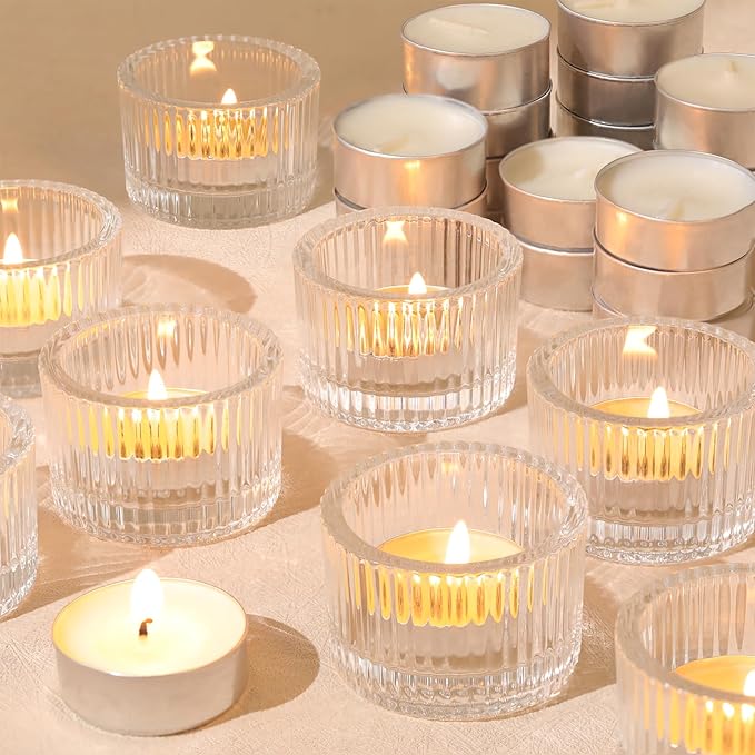 18 pcs Clear Tealight Candle Holders with 18PCS Tealights Candles, Glass Votive Candle Holders Set for Table Centerpiece, Home Decor and Party Supplies