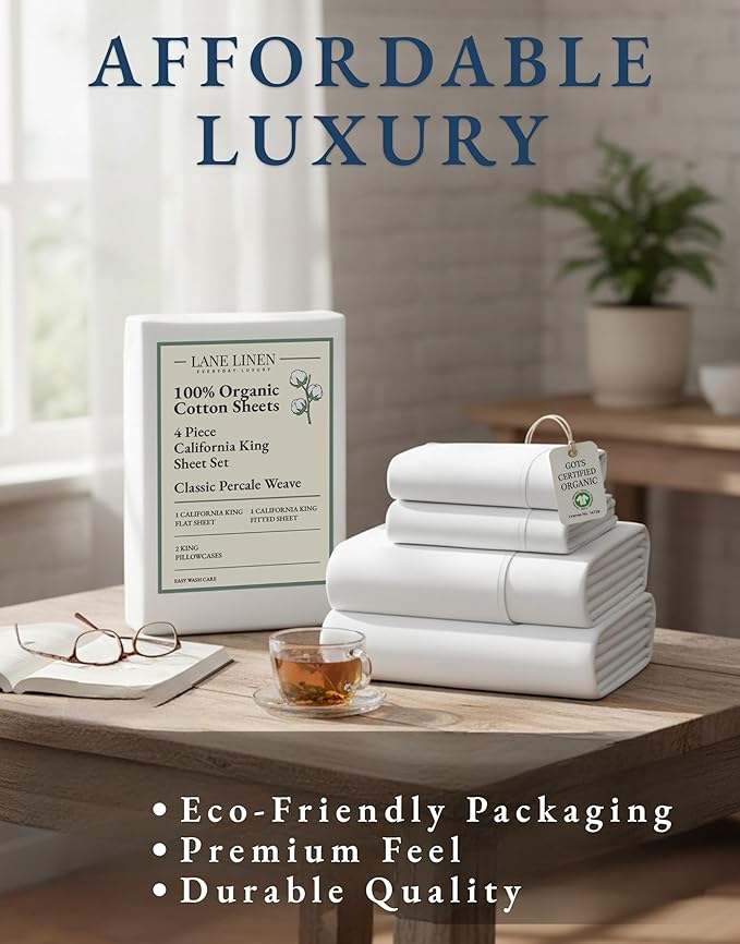 LANE LINEN 100% Organic Cotton California King Sheets Set, 4-Piece Pure Long Staple Percale Weave Ultra Soft Best Bedding Sheets for Bed, Fits Mattress Upto 15" Deep Cal King Sheets- White