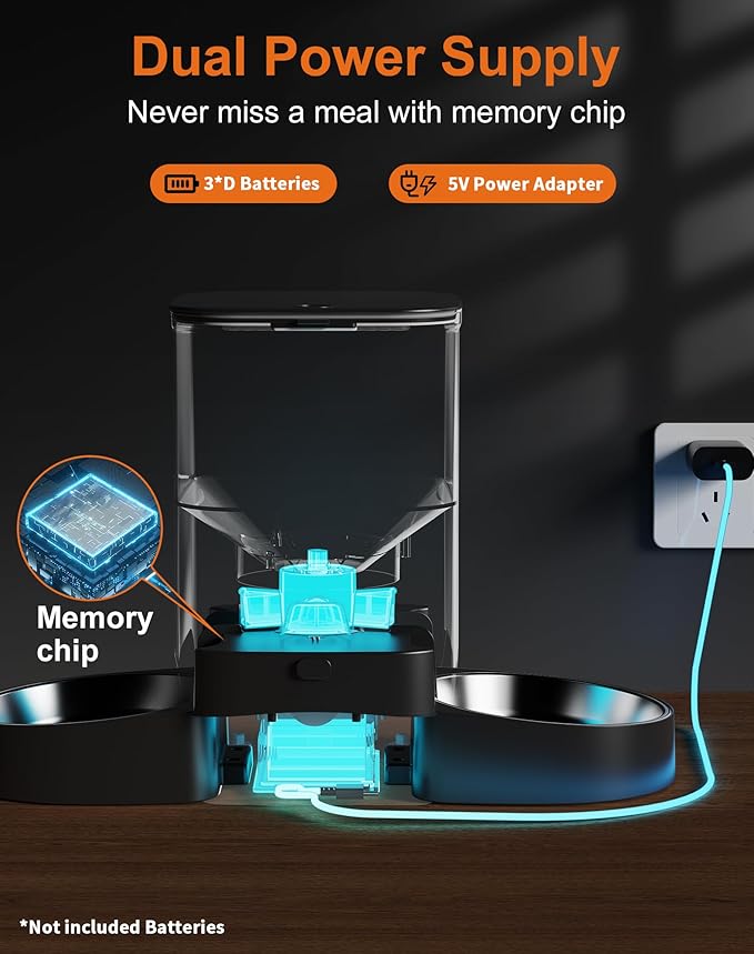HoneyGuaridan Automatic Cat Feeder for Two Cats, 5G WiFi Smart Feed Pet Feeder with Stainless Steel Bowl,APP Control Dispenser, Dual Power Supply,Desiccant Bag,10s Meal Call Black-Mewly Pet