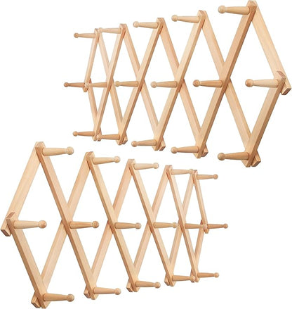 WEBI Accordion Wall Hanger,Expandable Wooden Coat Rack,Accordion Hat Rack for Wall for Hats,Caps,16 Peg Hooks,Natural,2 Packs
