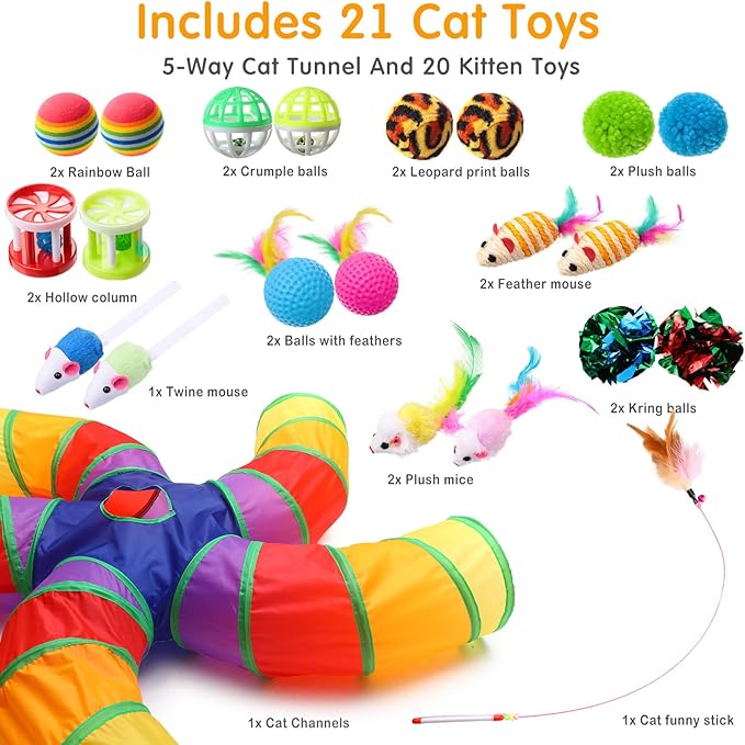 Poen 21 Pcs Cat Tunnel for Indoor Set Collapsible 5 Way Tubes with 20 Pcs Cat Kitten Toys Interactive Feather Toy Mouse Crinkle Balls Tube for Puppy Kitten Rabbit(Colorful)-Mewly Pet