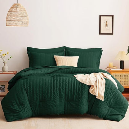 CozyLux King Size Comforter Set Emerald Green Seersucker 7 Pieces Bed in a Bag King Comforter Set with Sheets, Luxury Soft Bedding Set with Down Alternative Comforter, Sheets, Pillowcases & Shams