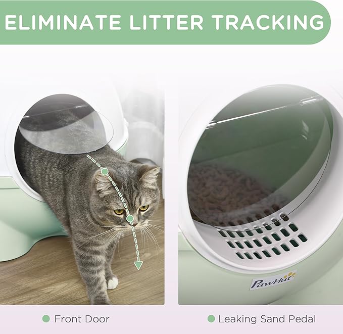 PawHut Hooded Cat Litter Box, Large Kitty Litter Pan with Lid, Scoop, Leaking Sand Pedal, Top Handle, Light Green-Mewly Pet