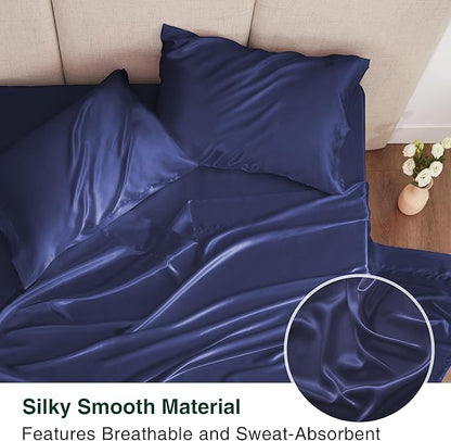 Love's cabin Twin Satin Sheet Sets - 3 Piece Navy Blue Silky Bed Sheets Twin with Deep Pockets, Luxury Silk Feel Satin Sheet Set Bedding Set (1 Flat Sheet,1 Fitted Sheet,1 Pillow case)