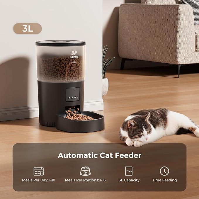 Automatic Cat Feeder - 3L Pet Dry Food Dispenser with Timed Programmable Portion Control, Dual Power Backup, Easy Set Up, 10 Meals Per Day for Cats and Puppies, Black（Remote Not Supported）-Mewly Pet