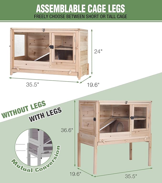 GUTINNEEN Guinea Pig Cage Rabbit Cage Indoor with Chew-Proof Edges, Clean Deep Tray, Leakproof PVC Layer, Small Animals Cage with Adjustable Legs - Natural Wood Color-Mewly Pet