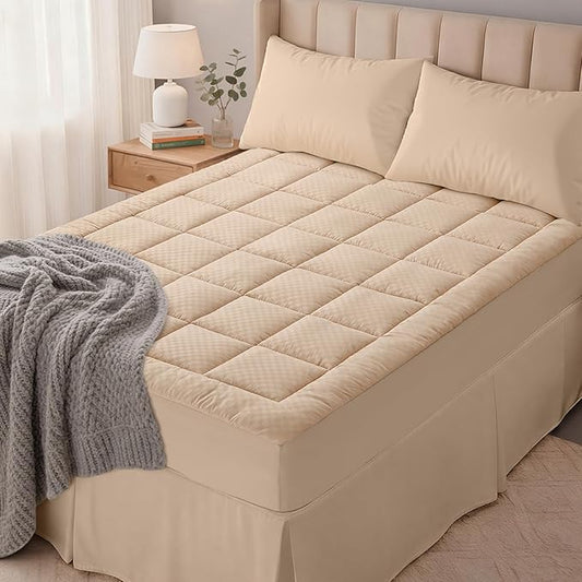 OLANLY California King Quilted Fitted Mattress Pad – Soft Pillow Top Mattress Topper, Down Alternative Fill, Cooling Breathable Mattress Cover, Machine Washable Deep Pocket Mattress Protector, Beige