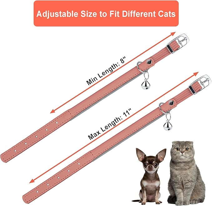 OOPSDOGGY Rolled Leather Cat Collar with Bell, Reflective Kitten Collars with Buckle Include Safety Elastic Strap - Adjustable Small Pet Collars for Boy Girl Cats (Peach)-Mewly Pet