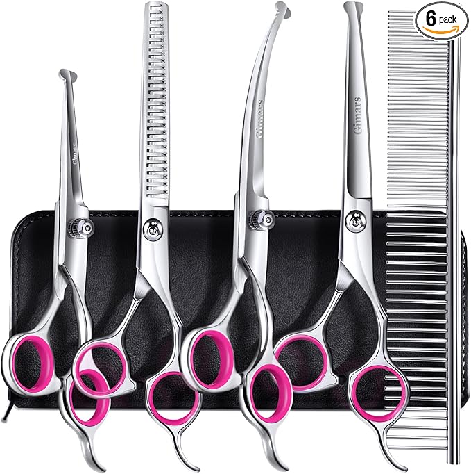 Gimars Professional 4CR Stainless Steel 6 in 1 Grooming Scissors for Dogs with Safety Round Tip, Heavy Duty Titanium Coated Pet Grooming Scissor for Dogs, Cats and Other Animals-Mewly Pet