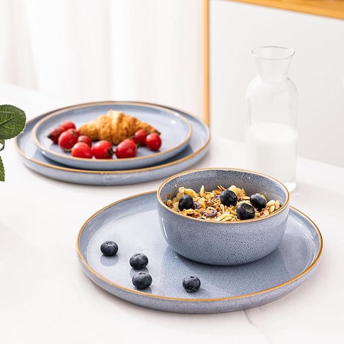 GBHOME Ceramic Dinnerware Sets for 8, 24 Pieces Stoneware Plates and Bowls Sets, Scratch Resistant Dishes, Dishwasher & Microwave Safe, Reactive Glaze-Brunnera Blue-Mewly Pet