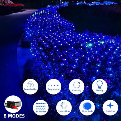 Net Mesh String Lights Waterproof, 200 Light Bubbles, 8 Lighting Modes, for Indoor Outdoor, Curtain, Christmas Tree, Bush, Party, Wedding, Fairy, Wall Decoration (9.8 ft x 6.6 ft, Blue)