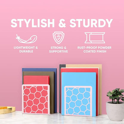 GEOMOD Geometric Honeycomb Pink Metal Bookends Decorative - Tall Sturdy Book Ends for Shelves - Modern Heavy Duty Bookend Stopper - Office or Home Book Shelf Book Holder - 6x3.25x6.25 Inches - 1 Pair