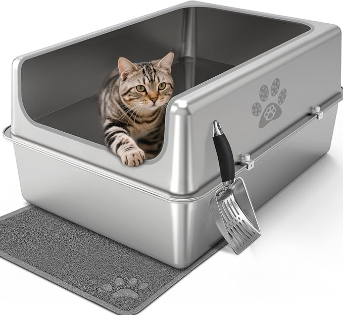 Enclosed Stainless Steel Cat Litter Box with Lid, Oversize Metal Litter Box for Multi Cats, XXXL Supersize Cat Toilet with High Side, Non-Stick, Anti-Leakage, Odorless, with Litter Mat & Litter Scoop-Mewly Pet