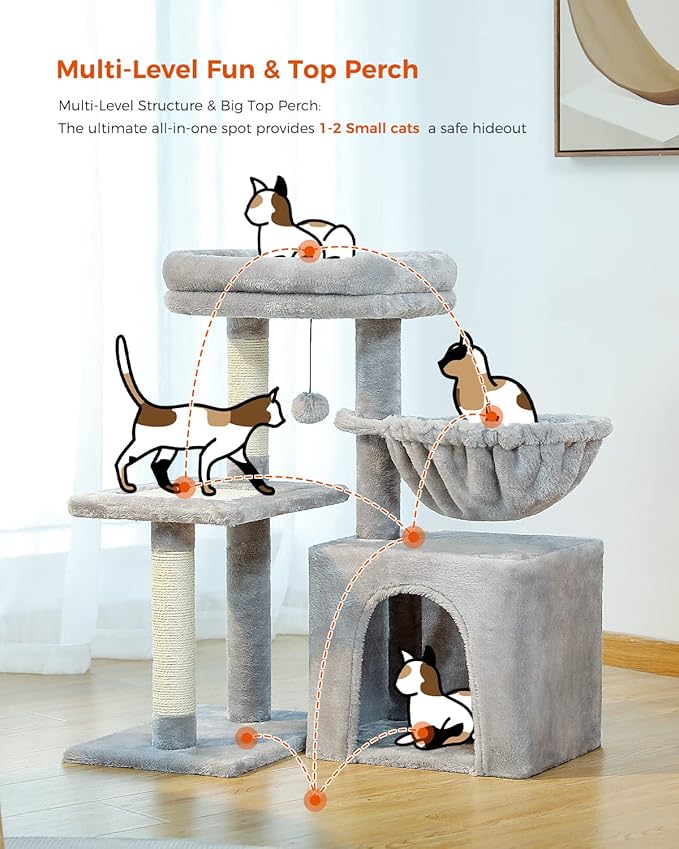 PEQULTI Small Cat Tree, [28.5''] Cat Tower for Indoor Cats, 2 Styles Activity Tree with Cat Scratching Posts, Big Hammock and Removable Top Perch Grey-Mewly Pet