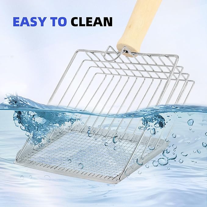 Litter Scooper, Metal Litter Scoop, Pooper Scooper with Wooden Handle, Cat Litter Scoop, Metal Scooper & Speed Sifter Deep Shovel Scoop Filter,Kitten Pooper Lifter for Litter Box-Mewly Pet