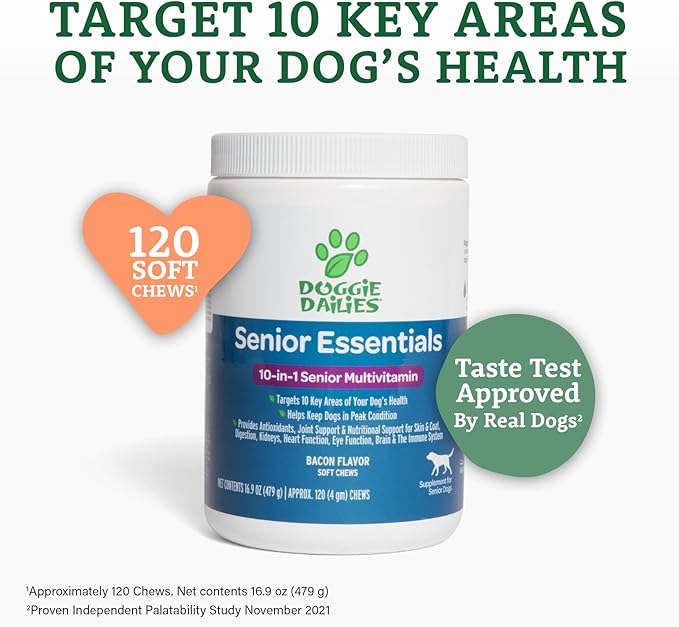 Doggie Dailies Senior Essentials Multivitamin for Dogs Soft Chews | Advanced Dog Multivitamin | Nutritional Support for Joints, Skin & Coat, Digestion, and the Immune System | Bacon Flavor | 120 Count-Mewly Pet