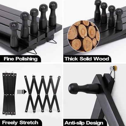 Wall Rack with 14 Hooks, Wooden Wall Expandable Coat Rack for Coat, Hats, Baseball Caps, Coffee Mug, Jewelry(Black)