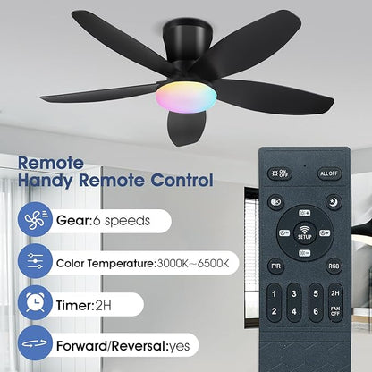Flush Mount RGB Ceiling Fans with Lights-36 Low Profile Ceiling Fan with Light and Remote/APP Control,DC Reversible,LED Dimmable Blakc Ceiling Fans for Bedroom,Indoor/Outdoor Patio Use