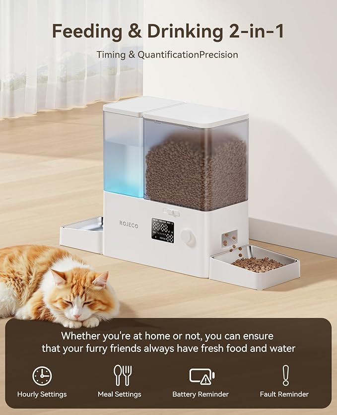 Rojeco 36Cups/8.5L Pet Automatic Cat Feeder and Gravity Water Dispenser,Stainless Steel Bowls 2-in-1 Set Large Capacity 5L Food Feeder and 3.5L Water Fountain for Cats,Pets,Small Dogs,Puppies,Kittens-Mewly Pet