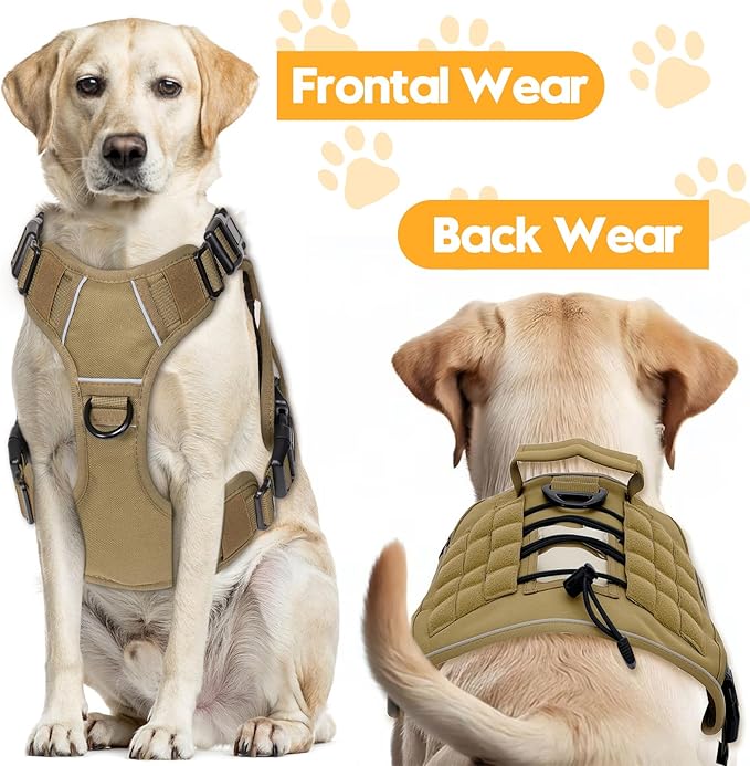 Heavy-Duty Tactical Dog Harness for Large Dogs, No Pull Adjustable Reflective Pet Vest with Molle System, K9 Military-Grade Control for Service Training, Outdoor & 10+ Breeds, Khaki, XX-Large-Mewly Pet