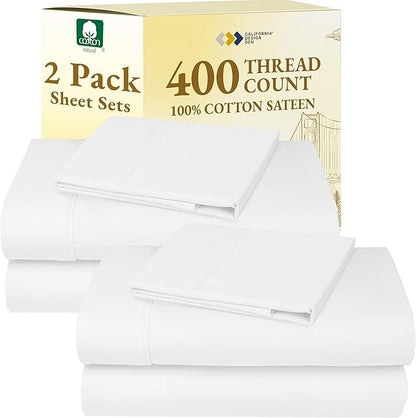California Design Den 2-Pack Twin XL Sheet Sets 100% Cotton Sateen - 400 Thread Count - Extra Soft, Breathable & Cooling Sheets, Wrinkle Resistant, 2 Sets of Deep Pocket Bed Sheets - Antique White