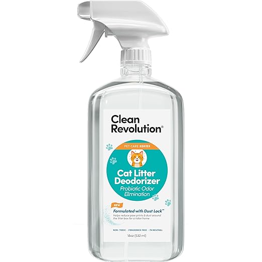 Clean Revolution Cat Litter Deodorizer Spray – 18oz, Probiotic Odor Elimination with DustLock™, Fragrance-Free, Extends Litter Life, Non-Toxic, Safe for All Cats, Made in USA-Mewly Pet