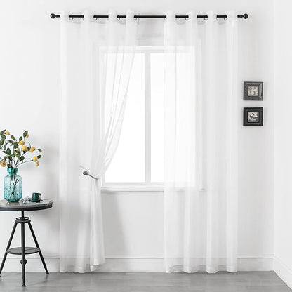 DUALIFE White Sheer Curtains 96 Inches Long Set 2 Panels Grommet Semi Transparent Drape Tulle Gauze Voile Window Sheer Curtains for Bedroom Living Room Dining Wide 52 Length Solid Color