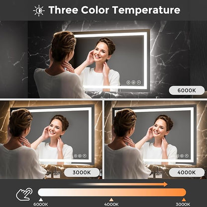 Koonmi 24x36 LED Bathroom Mirror, Backlit + Front Lit, LED Bathroom Mirror with Lights for Wall, 3 Colors, Anti-Fog, Dimmable Brightness, Memory Function, Tempered Glass