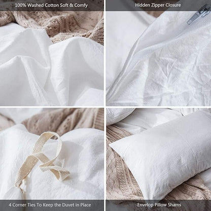 MooMee Bedding Duvet Cover Set 100% Washed Cotton Linen Like Textured Breathable Durable Soft Comfy (Solid Off White, King 104"x90")