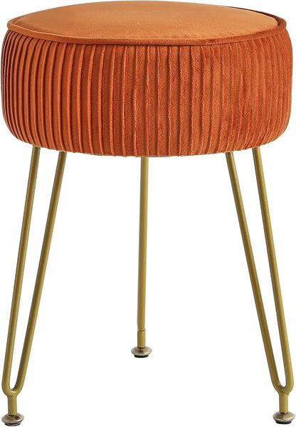 IBUYKE Velvet Round Footrest Stool Ottoman, Makeup Vanity Stool Side Table, Velvet Dressing Table Seat, Pouf Couch Stool, Golden Steel Legs, Orange LG-30J