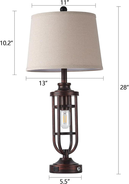 28" Table Lamps for Living Room Set of 2, Farmhouse Bedroom Lamps for Nightstand with USB A+C, Rustic Bedside Lamps for End Tables, Bulbs Included