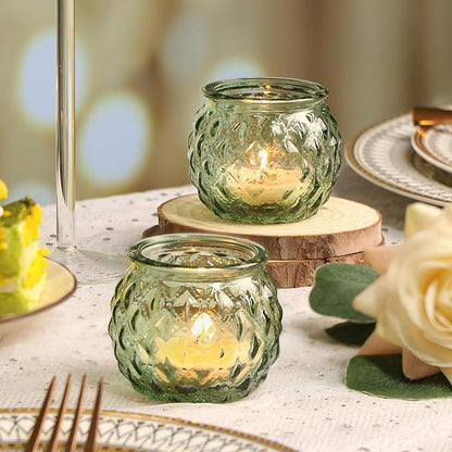 DARJEN Green Votive Candle Holders Set of 24- Round Glass Candle Holders Bulk for Flameless LED Tea Waxes, Candle Holder for Wedding Shower & Home Table Decor, Various Parties
