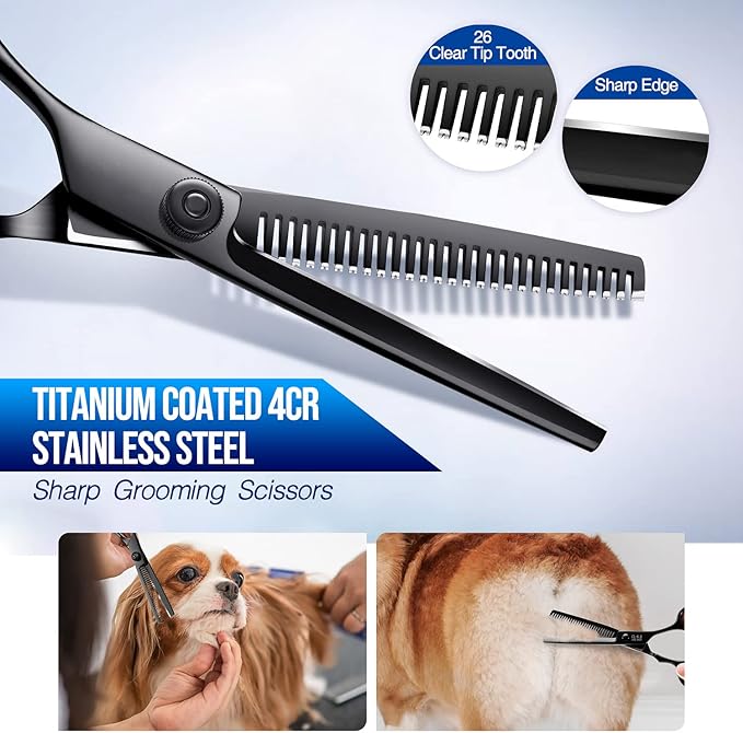 Gimars Dog Grooming Scissors Kit Professional 4CR with Safety Round Tip, 5 in 1 Heavy Duty Titanium Coated Thinning & Curved & Straight Shears-Mewly Pet