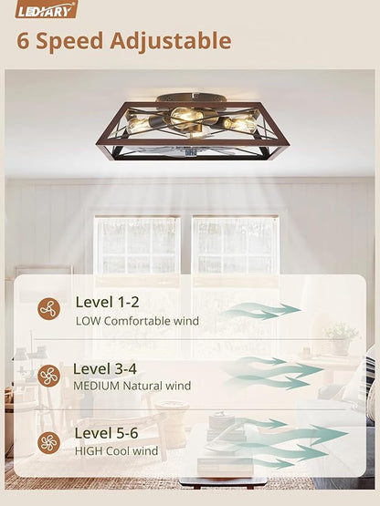 LEDIARY Ceiling Fan with Light, 24 Inch Farmhouse Caged Flush Mount, Low Profile Fan Light Fixture, Small Industrial Rustic Ceiling Fan with Remote