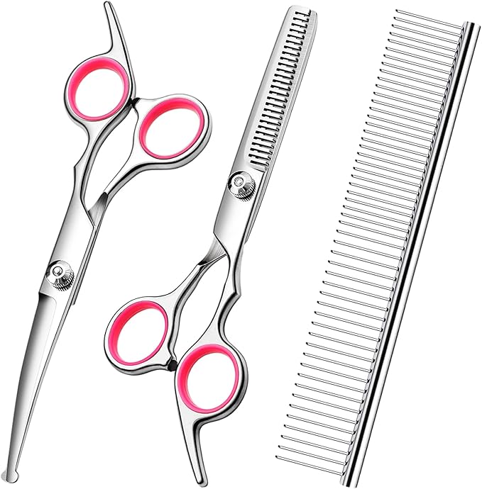 Dog Grooming Kit with Safety Round Tips Stainless Steel Professional Dog Shears Set - Thinning, Curved Scissors and Comb for Cat Pet-Mewly Pet