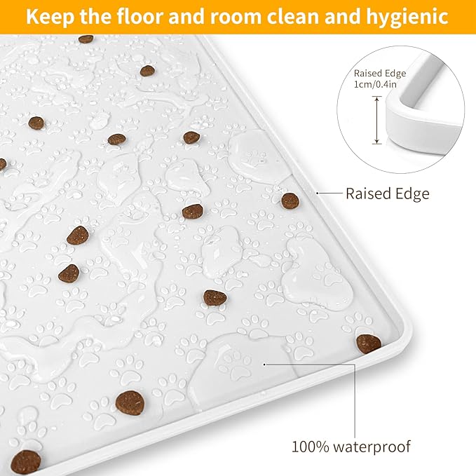 Ptlom Pet Placemat for Dog and Cat, Waterproof Silicone Pet Feeding Bowl Mats for Food and Water, Small Medium Large Dogs Mat Prevent Residues from Spilling to Floor, White, 11.8"x11.8"-Mewly Pet