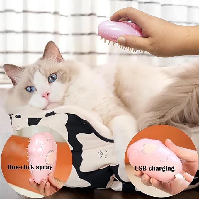 Steam Brush for Cats, Spray Comb Mist Brush, Rechargeable Steam Pet Brush for Dogs and Cats, Self-Cleaning 3-in-1 Cat Hair Brush with Steam for Long and Short Hair for Cats and Dogs (pink)-Mewly Pet