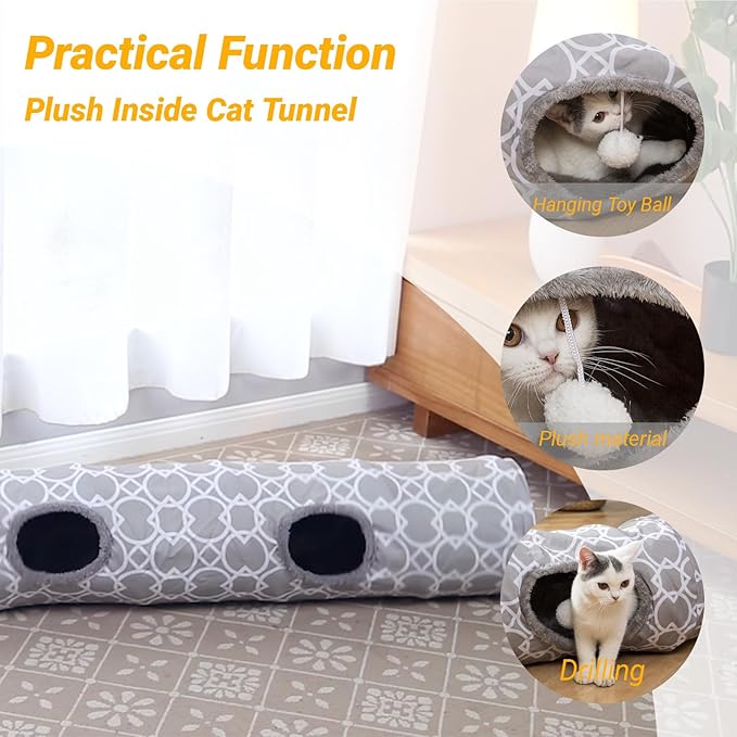 LUCKITTY Geometric Straight Cat Tunnel with Plush Inside,Cats Toys Collapsible Tunnel Tube with Balls, for Rabbits, Kittens, Ferrets,Puppy, Diameter 9.8 Inch-Mewly Pet