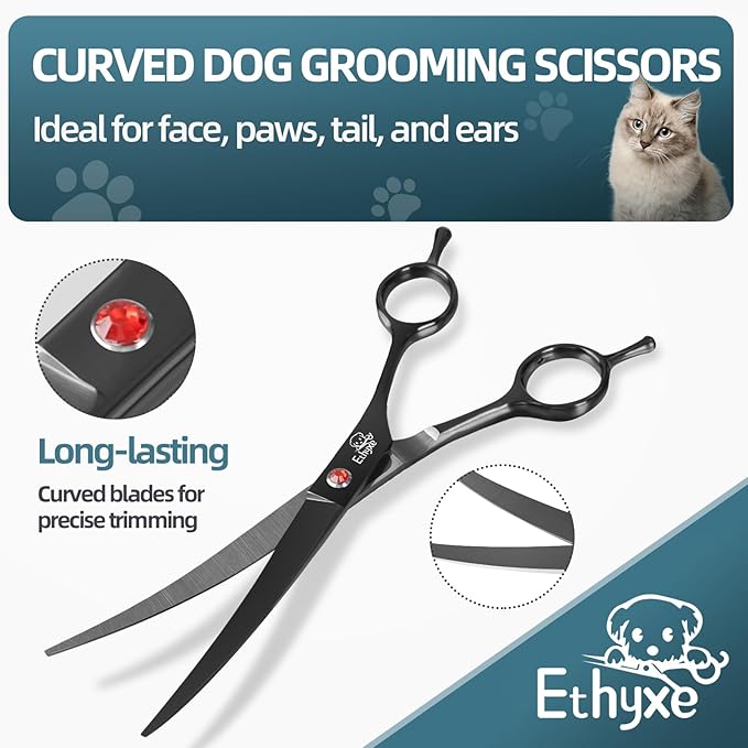7.0" Professional Dog Grooming Scissors Kit – 3-Piece Set with Straight, Curved & Thinning Shears, Black Japanese Stainless Steel, Includes Grooming Comb for Dogs & Cats-Mewly Pet