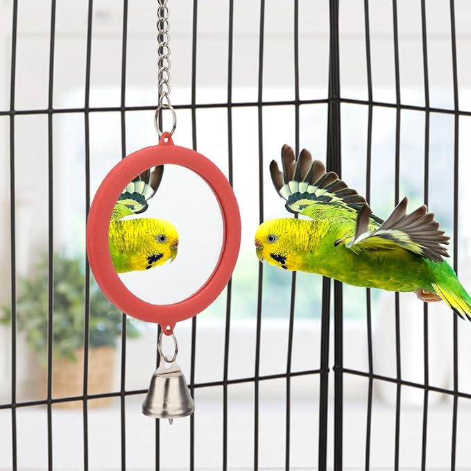 Hypeety Pet Bird Mirror with Bell Interactive Parrot Toy Bird Cage Mirror for Cockatiel Parakeets Canaries Budgie (RED)-Mewly Pet